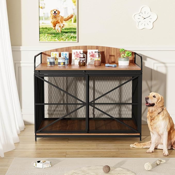 Large Furniture Dog Crate, Dog Kennel Indoor, Wood Dog Cage Table, Heavy Duty Dog Crate, Sturdy Metal,Brown
