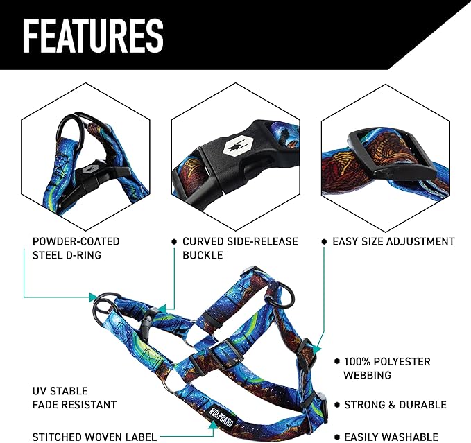 Wolfgang Heavy Duty Adjustable Dog Harness, Pull-Tested to Over 800 lbs for Walking & Training, StarryWolf Print, Large