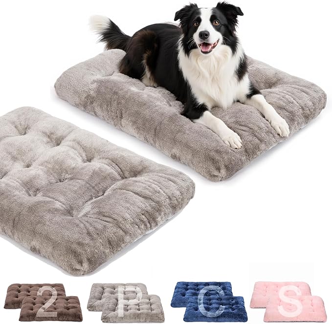 POMIU 2-Pack Washable Dog Bed, Deluxe Plush Crate Beds with Anti-Slip, Machine Washable Kennel Pad Sleeping Mat for Large, Medium and Small Dogs (2 Pack x Grey, 35.0" L x 23.0" W x 3.0" Th)