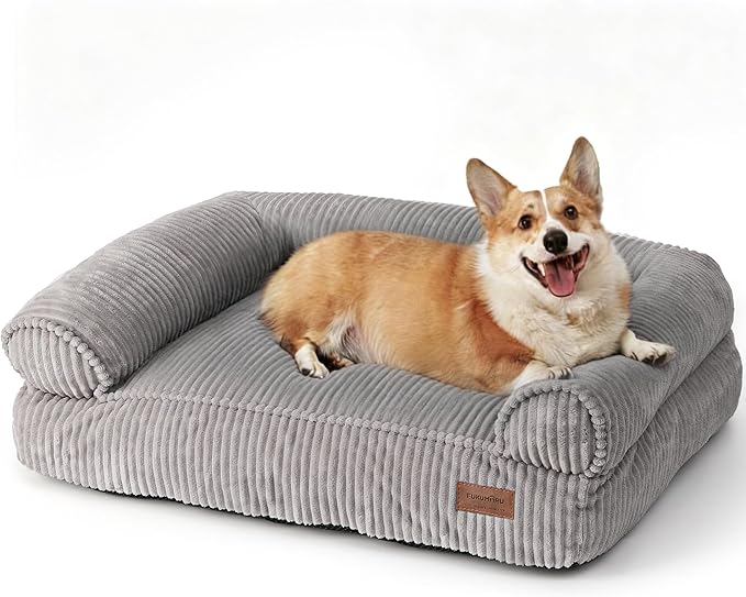 FUKUMARU Cute Dog Bed, Waterproof Corduroy Dogs Couch, 36in Orthopedic Pet Sofa for Medium to Large Dogs Dog, Warm Cotton Pet Bed with Washable Cover, Large, Grey