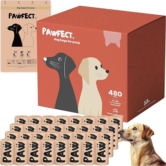 Pawfect Dog Poop Bags Rolls – Biodegradable Poop Bags, Compostable Dog Waste Bags, BPI Certified Pet Waste Bags, Unscented, Large, Puppy Poo, Earth Friendly, Bolsas Para Perros Popo (480 Counts)