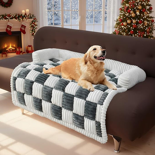 LiveGo Fuzzy Pet Couch Covers for Sofa, Dog Couch Cover Fuzzy Sofa Cover Cream Square Plaid Dog Bed Plush Dog Mat for Furniture Protector for Large Medium Dogs and Cats (Blue Gray, 29.5"*29.5")