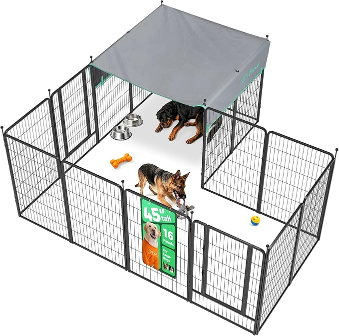 FXW Instant Unleashed Dog Playpen, Portable Pet Fence for Outdoor, RV Trips, and Camping, 45 inch, 16 Panels for Large Dogs with Sun Shade│Patented