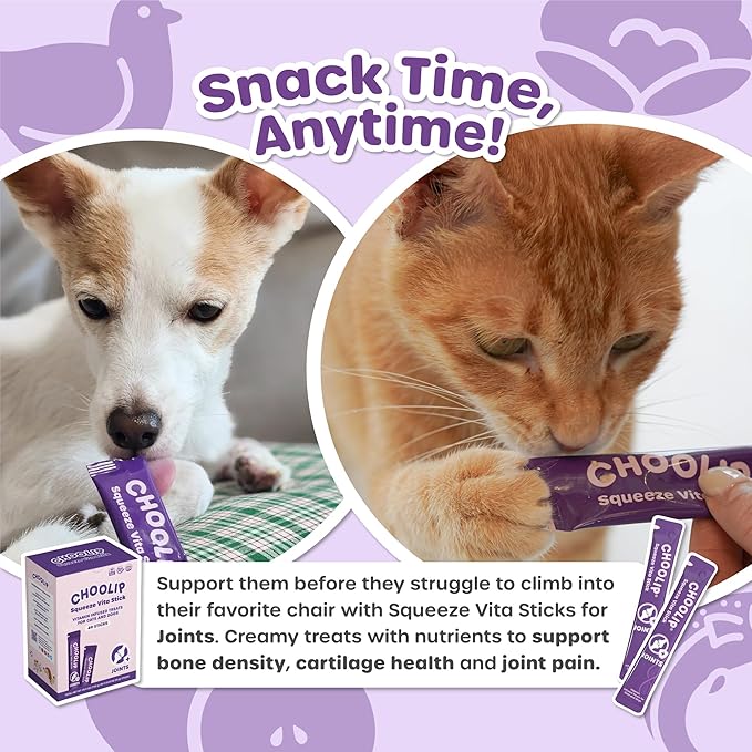 Choolip Squeeze Vita Stick Lickable Cat and Dog Treats – 49-Count Joint Support Sticks with Multivitamins, Soft Squeezable Paste for All Life Stages, Supporting Joint Health - Box with 7 Pouches