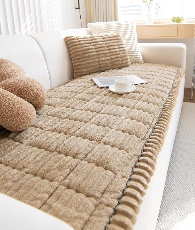 Faux Fur Plush Dog Couch Cover 3D Stripe Fuzzy Sofa Cover Non-Slip Fluffy Dog Bed Cover Pet Blanket Sofa Couch Furniture Protector for Puppy Large Dog Cat (Coffee,31"x94")