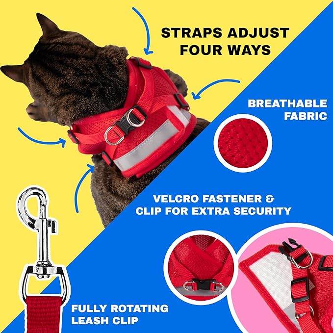 Travel Cat Harness and Leash Set - Adjustable Fit Mesh Cat Harness and Reflective Strap - Comfort Walking Vest for Kitten for Outdoor Walking, Hiking (Small, Red)