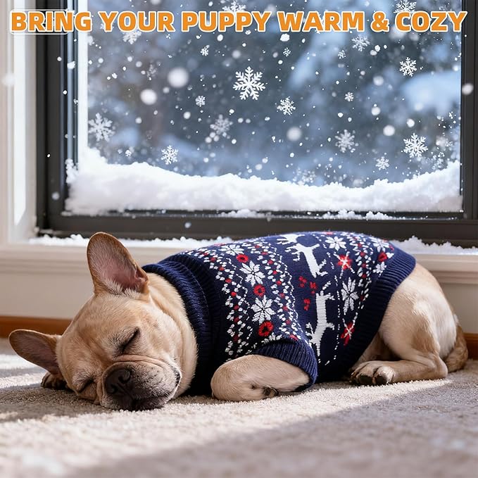 KOOLTAIL Christmas Dog Sweater, Cold Weather Pullover Classic Knitwear, Reindeer Snowflake Pattern Thick Warm Winter Pet Clothes, Cable Knit Sweaters for Small Medium Large Dogs Boy Girl, Navy Blue S