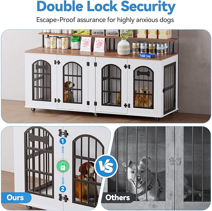 Petrova 63" Dog Crate Furniture for 2 Dogs, XL Large Indoor Wooden Dog Kennel with Divider, 6 Lockable Wheels & Storage, Heavy Duty Modern Decorative Double Dog Cage TV Stand for Medium/Large Breed