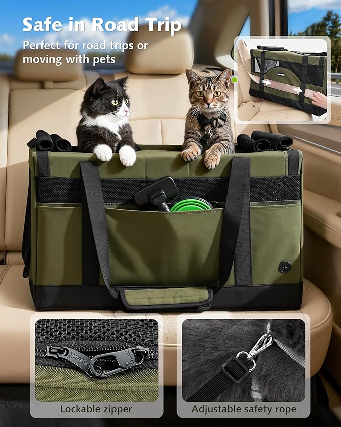 Pecute Cat Carrier for 2 Cats,Collapsible Soft Cat Carrier for Small to Medium Cat,can Hold 20lbs+ for Two Kitty Puppy,Stable and Secure Framework Design,Extra Large Dog Carrier for Travel,Green