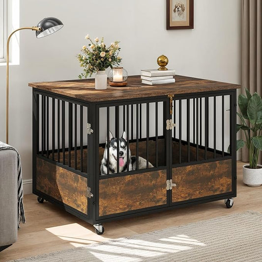 DWVO Dog Crate Furniture with Wheels, 43 Inch Dog Kennel Indoor Furniture End Table Dog Crate for Dogs, Farmhouse Decorative Wooden Dog Cage Table with Double-Doors, Chew-Resistant, Rustic Brown