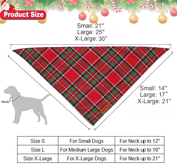 ADOGGYGO Christmas Dog Bandanas 2 Pack, Premium Cotton Fabric, Red Green Plaid Xmas Pet Scarf, Christmas Bandanas for Extra Large Dogs (X-Large)