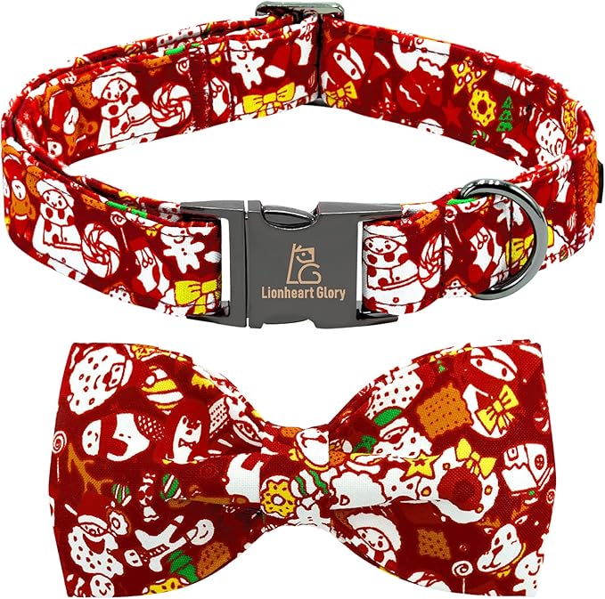 Lionheart glory Dog Bow Collar Red Christmas Santa Deer Print Dog Collar for X-Small Dogs Adjustable Soft Sturdy Girl or Boy Collars with Bowtie Puppy Collar Bows