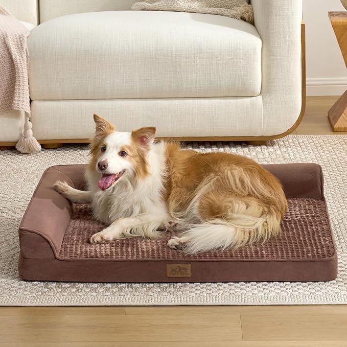 Orthopedic Dog Bed for Extra Large Dog, Giant Pet Sofa, Foam Bolster Couch with Waterproof Lining Cover, Anti-Slip, Washable, L-Shaped, XXL 48x35x8 inch, Brown