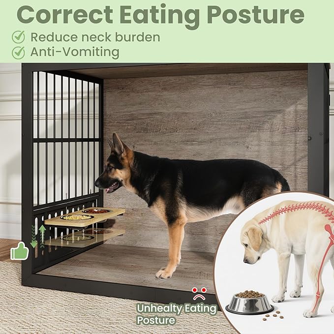 48 Inch XXL Dog Crate Furniture, Wooden Chewproof Dog Kennel with Interactive Window, 360° Adjustable Bowls (5 Heights), Storage Table Top, Heavy Duty XL Dog Crate for Medium Large Dogs, Gray