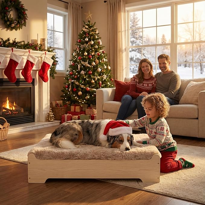 GLOSSGODS Elevated Dog Bed Frame and Mattress with Washable Cover, Naturalwood M Up to 50 lbs