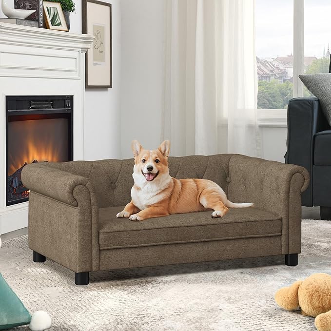 GDFStudio Modern Linen Dog Sofa for Small and Medium Dogs Elevated Pet Bed with Armrests and Backrest Durable and Comfortable Upholstered Pet Furniture, Brown