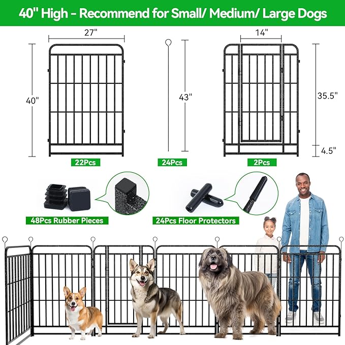 Dog Fence Outdoor 24 Piece Panels 40" Height, Square Steel Pipe with Reinforced Crossbars, Anti-Rust Heavy Duty Dog Playpen with Doors Portable for Yard RV Camping, Total 54FT, 227 Sq.ft, Snowy Black