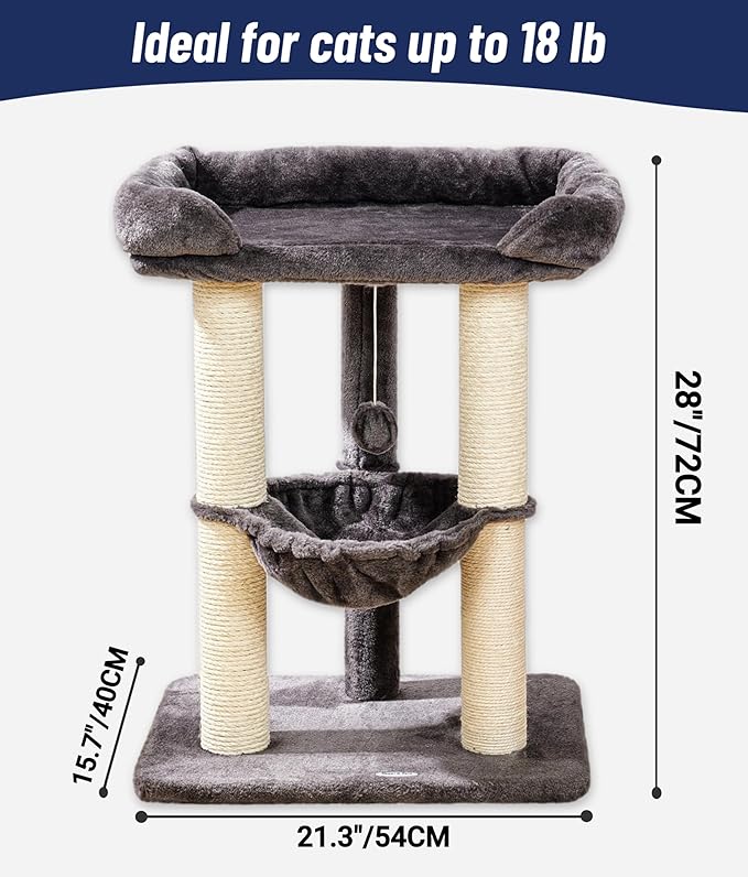 Happi N Pets 28" Cat Tree Tower for Indoor Cats, Tall Cat Scratching Post with Large Bed for Maine Coon Big Cats, Sisal Cat Scratcher with Soft Perch & Hammock, Stable Cat Stand, Removable Cover-Gray