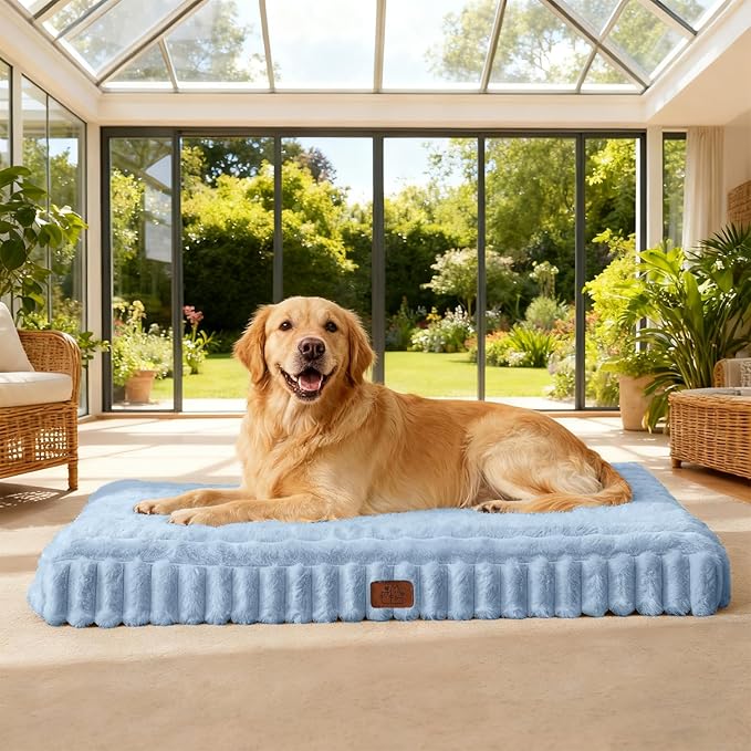 Orthopedic Dog Bed for Large Dog, Waterproof Pet Bed for Crate,Non-Slip Bottom and Egg-Crate Foam with Removable Washable Cover Crate Bed,Blue,35"x22"x3"