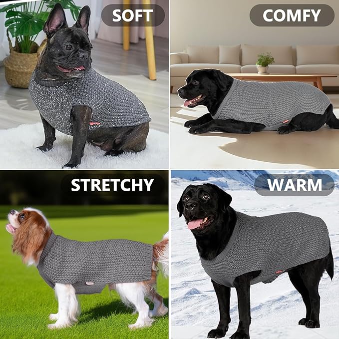 KYEESE Dog Sweater for Large Dogs with Leash Hole Warm Pullover with Reflective Yarn Male Thick Stretchy Knitwear Winter Soft Pet Coat boy for Cold Weather Comfy Dog Sweaters,Grey, XX-Large