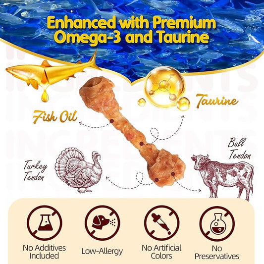 TailParty Turkey Tendons for Dogs with Fish Oil & Taurine: 8 oz Large Dog Healthy Treats, All Natural Dental Chew Bones, Long-Lasting Training-Reward Snacks for Health-Conscious Pet Owners(L)