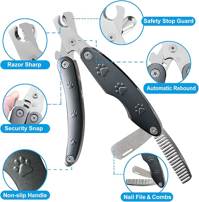 2025 Silent Design Nail Trimmer for Anxiety Sensitive Dogs, Sharp Blade Cut Thick Nail Smoothly, 3 in 1 Compact Build-in Nail File & Comb, Heavy Duty Manual Professional Dog Nail Clipper