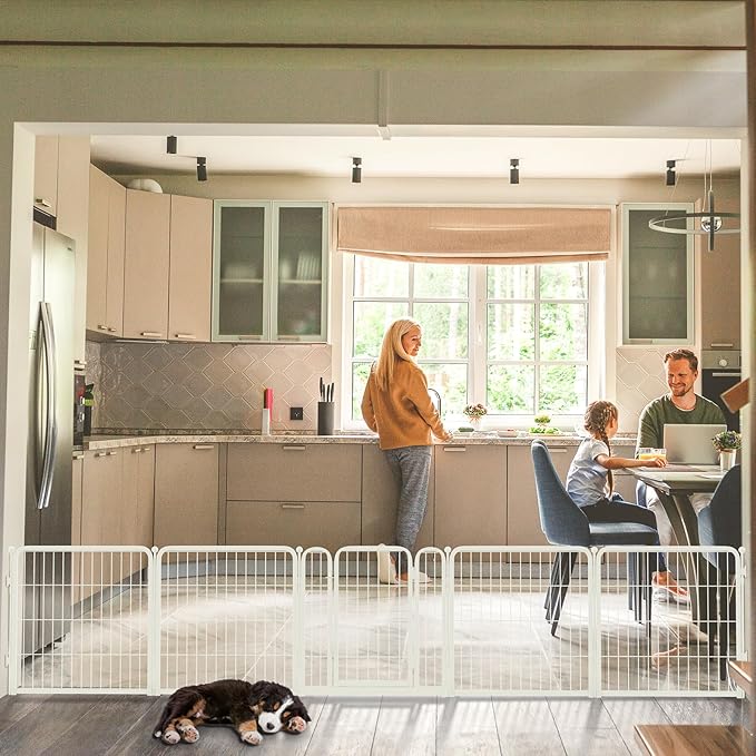FXW Dog Gate Extra Wide Designed for Indoor Use, Adjustable Width Up to 137-inch Wide (24" H 6 Wire Panels for Puppies and Small Dogs), White