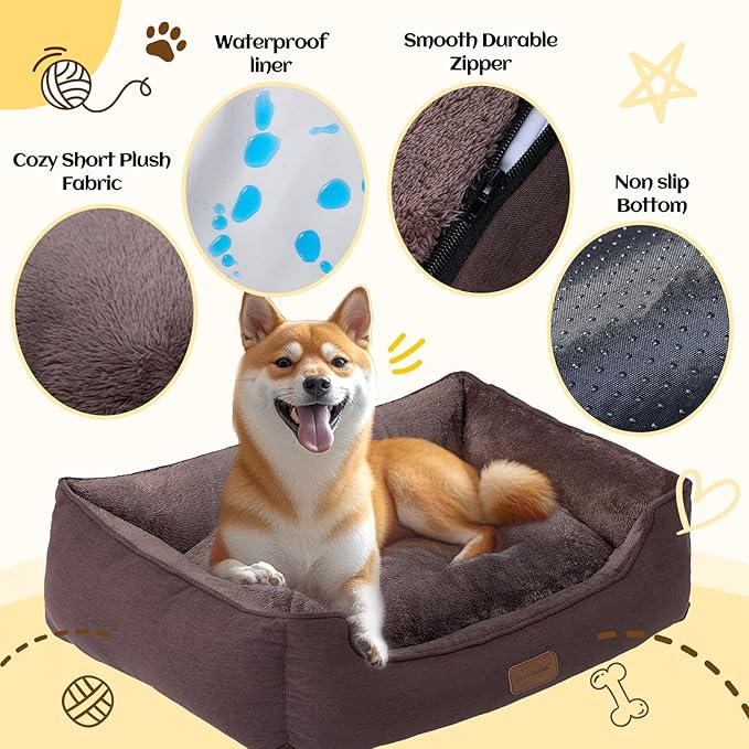 Rectangle Dog Bed for Large Medium Small Dogs Washable Pet Bed with Bolster Sides Non-Slip Bottom Pet Sofa Waterproof Lining Durable Pet Cuddler, Dark-Brown, 33x 26x 7.5