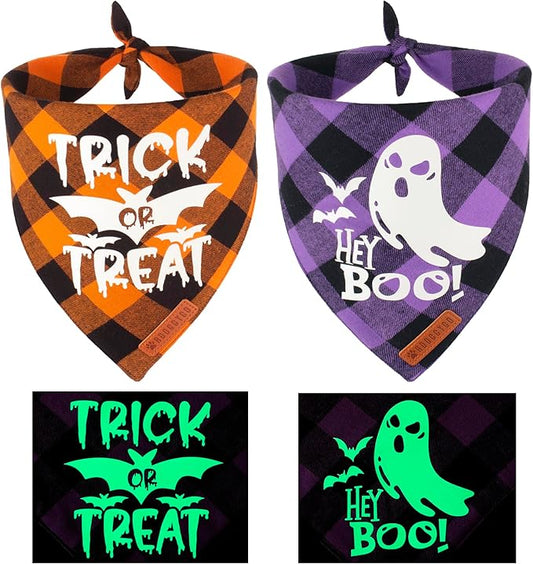 ADOGGYGO Halloween Dog Bandana Reflective Trick or Treat Boo Scarf Orange Purple Plaid Halloween Bandanas for Small Dogs Pets (Small)