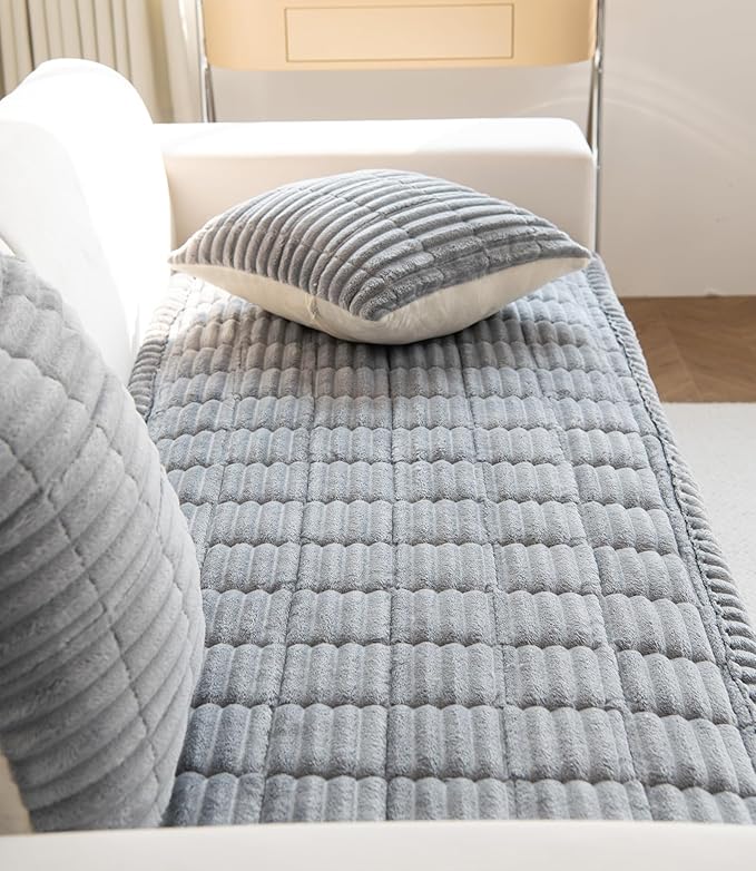 Faux Fur Plush Dog Couch Cover 3D Stripe Fuzzy Sofa Cover Non-Slip Fluffy Dog Bed Cover Pet Blanket Sofa Couch Furniture Protector for Puppy Large Dog Cat (Light Grey,35"x35")