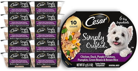 Cesar Simply Crafted Adult Wet Dog Food Meal Toppers, Chicken, Duck, Purple Potatoes, Pumpkin, Green Beans & Brown Rice, 1.3 oz., 10 Count (Pack of 1)