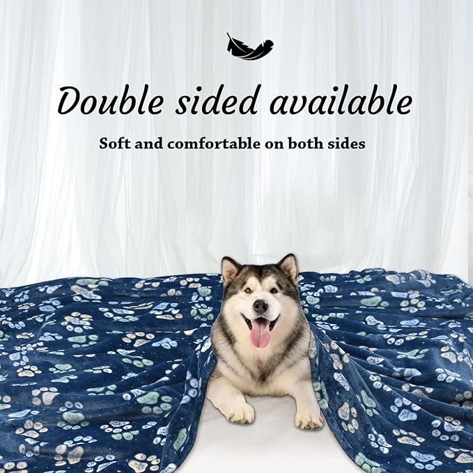 Flannel Pet Blankets for Large Dogs & Cats, Washable, Soft Mat Throw Cover for Kennel, Crate, Bed - Cute Paw Pattern - Navy Blue 50" x 60"