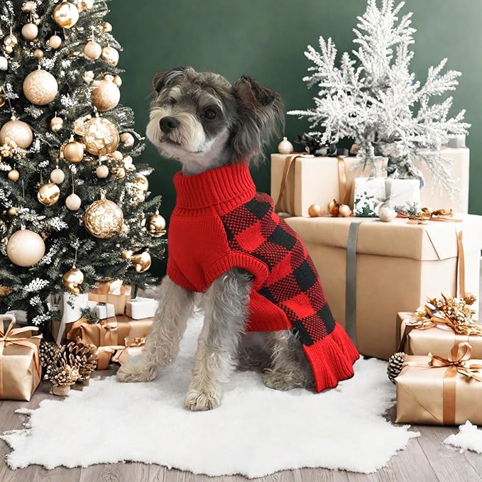 Dog Sweater Dress Plaid Knitwear for Small Medium Dogs Warm Puppy Pet Turtleneck Stretch Pullover Cute Fall Winter Vest Clothes with Leash Hole for Christmas (Red, 2XL)