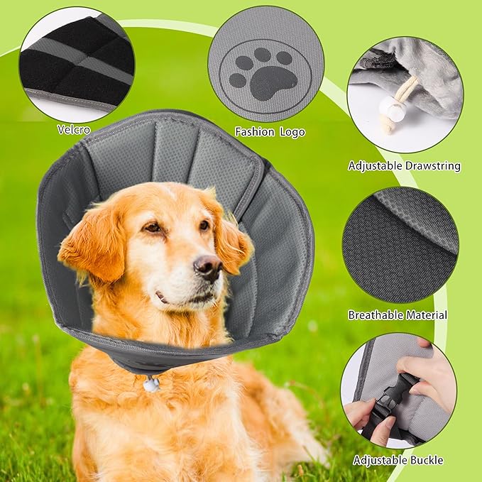 Soft Dog Cone for Small Medium Large Pets After Surgery, Comfy Cone for Dogs, Cones for Dogs to Stop Licking, Pet Elizabethan Collar Alternative to Prevent Licking Wounds (Grey, M)