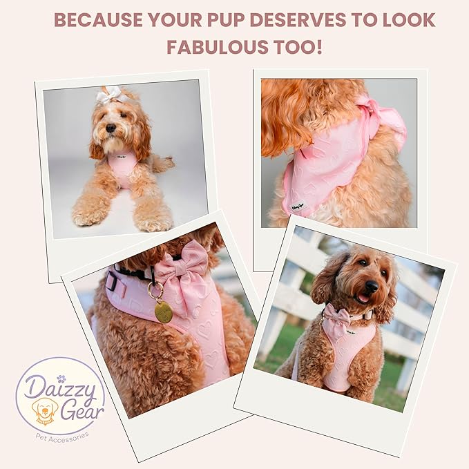 Large Dog Harness Set – Cute No Pull, All Weather, Breathable Harness and Leash Set with Collar, Bandana, Sailor Bow & Poop Bag Holder – Adjustable, Soft & Stylish – Pink Hearts on Jacquard Fabric