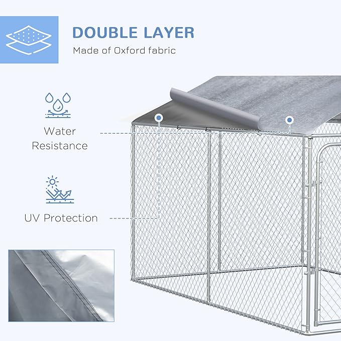 PawHut Outdoor Dog Kennel, Heavy Duty Dog Run Outdoor Fence with Waterproof Cover, Galvanized Chain Link, Secure Lock, 13' x 7.5' x 7.5'