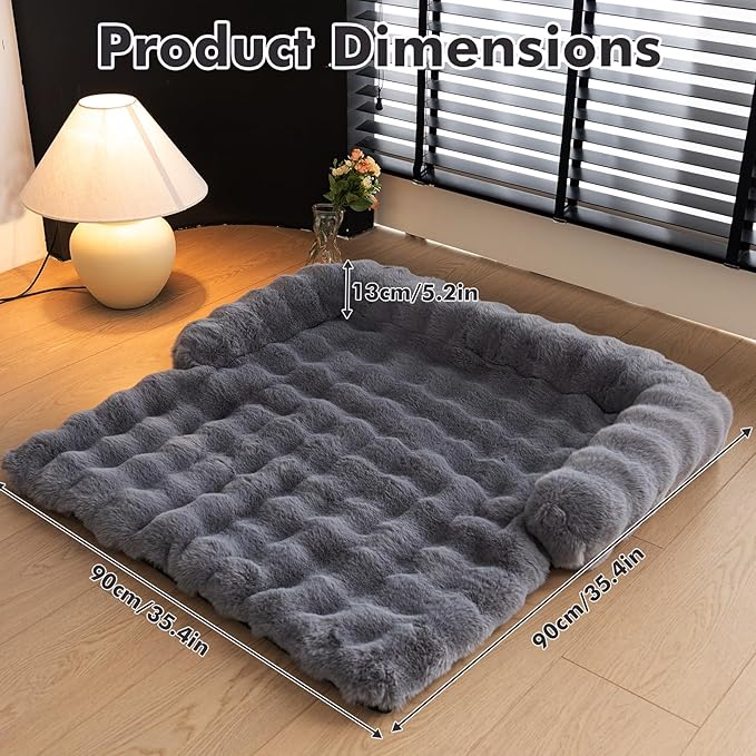 LiveGo Fuzzy Calming Dog Sofa Bed Mat, Washable Plush Couch Cover for Pets, Furniture Protector with Anti-Slip Bottom (Gray, 35.4"*35.4")