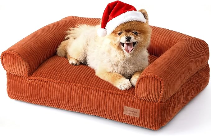 FUKUMARU Dog Couch Bed, Corduroy Cozy Cat Bed for Indoor Cats with Washable Cover, 28in Waterproof Orthopedic Dog Beds Sofa for Small Dogs and Large Cats, Cute Warm Cotton Pet Sofa, Orange