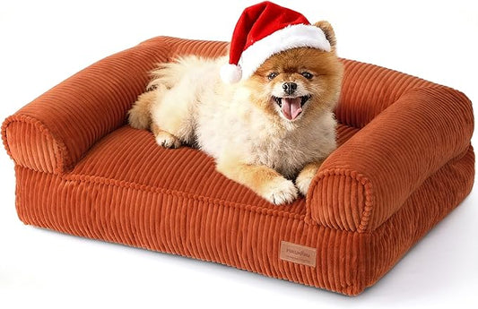 FUKUMARU Dog Couch Bed, Corduroy Cozy Cat Bed for Indoor Cats with Washable Cover, 28in Waterproof Orthopedic Dog Beds Sofa for Small Dogs and Large Cats, Cute Warm Cotton Pet Sofa, Orange