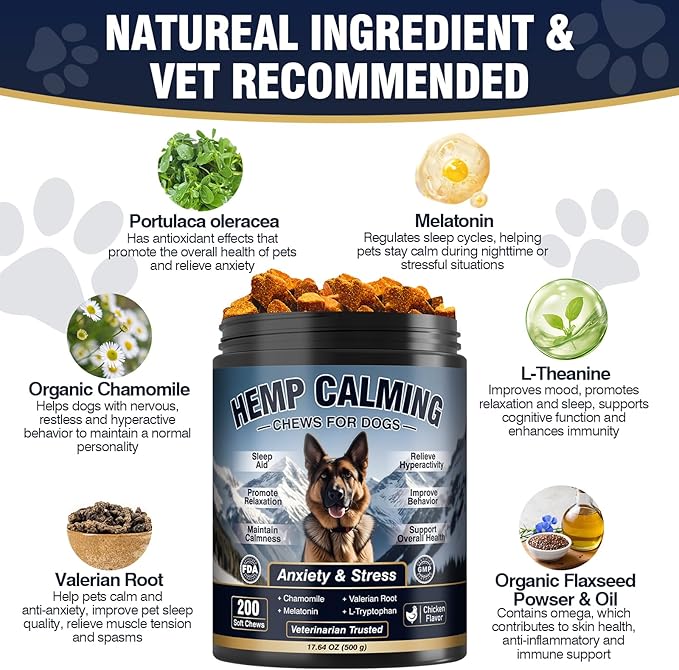 Calming Chews for Dogs 200ct Dog Calming Chews - Anxiety and Stress Relief Treats Melatonin Bites Sleep Aid for Small/Medium/Large Dogs Calm Dog - Separation, Fireworks, Thunder, Barking, Chicken