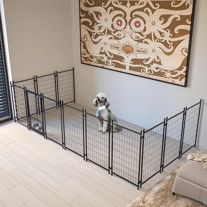 Dog Crate Dog Kennel Outdoor W/Roof,Dog Cage W/ 360°Rotating Feeder & Secure Lock,Weatherproof Dog Pens Outside W/Flexible Clamps,for Garden Yard,Grey(4.23x5.82x4.83 FT)