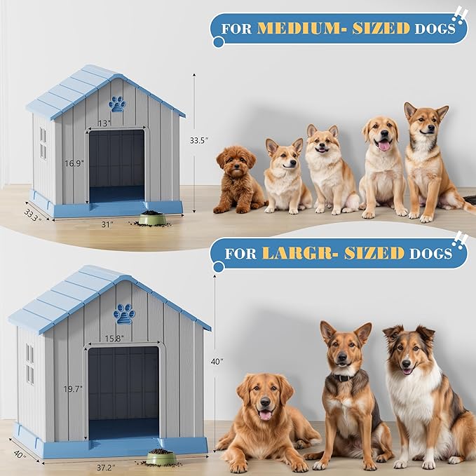 Fancyango Dog House Outdoor Indoor - Waterproof, Ventilated, Easy to Clean, Elevated Floor for Small-Large Dogs, Easy to Assemble (Blue, 37.2" L x 40" W x 40" H)