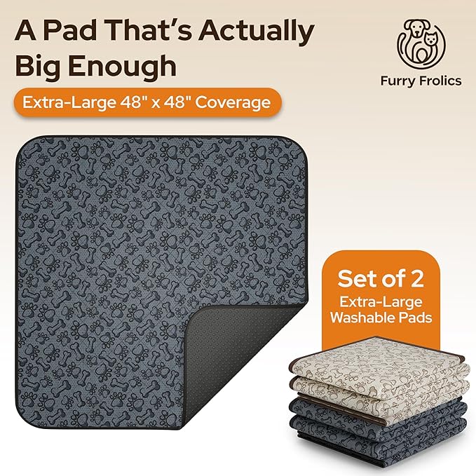Large Washable Dog Pee Pads 48x48 - Waterproof Reusable Puppy Training Pads, Whelping Mat with Non-Slip Bottom for Dogs, Crates, Playpens, Travel - Floor Protection, Pack of 2