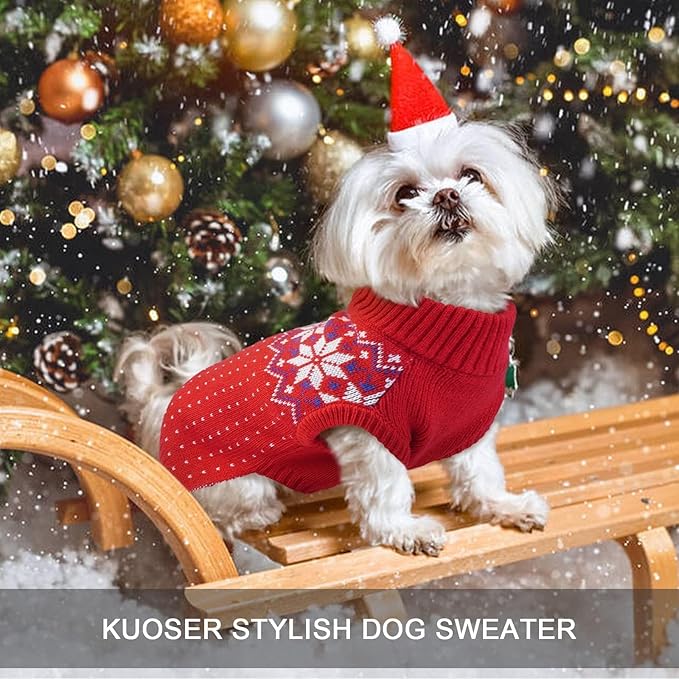 Kuoser Dog Christmas Sweater, Soft Warm Xmas Sweaters for Small Medium Large Dogs Boy Girl, Comfortable Dog Sweater with Leash Hole Snowflake Puppy Knit Outfit for Holiday Winter Fall, Red XL