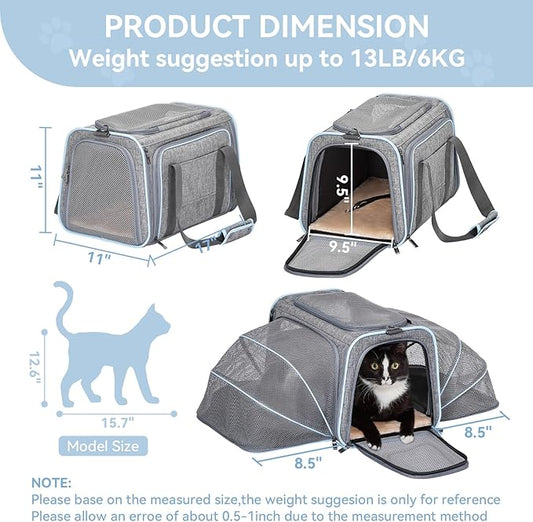 Petsfit Expandable Large Cat Carrier Small Dog Carriers Airline Approved, 17" Lx 11" Wx 11" H Soft-Sided Portable Washable Pet Travel Carrier with 2 Extension for Kittens, Puppies, Rabbits