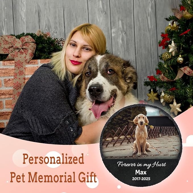 Personalized Pet Memorial Stone with Photo Display, Round Slate Plaque with Stand, Custom Pet Remembrance Gift，4"/6"/8"