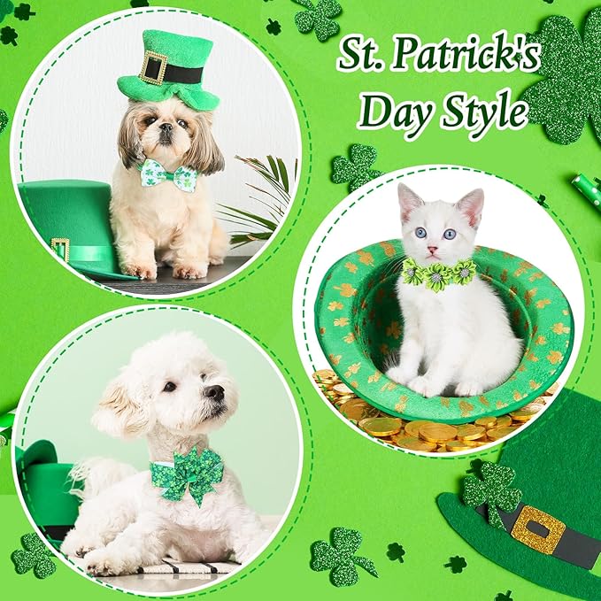 Reginary 40pcs St. Patrick's Day Dog Bow Ties Collars Bulk Clover Dog Bandanas Neckties Adjustable Shamrock Collars Pet Grooming Accessories for Small Medium Cats Holiday Pet Decorations