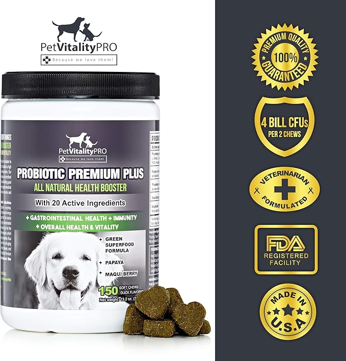 Probiotics for Dogs with Natural Digestive Enzymes ● 4 Bill CFUs/2 Soft Chews ● Dog Diarrhea Upset Stomach Yeast Gas Bad Breath Immunity Allergies Skin Itching Hot Spots ● 150 Count