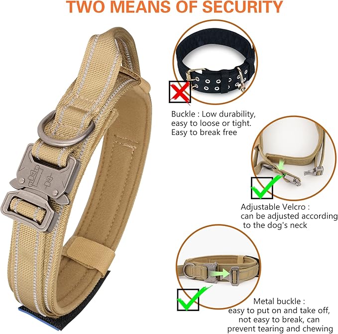 KCUCOP Heavy Duty Tactical Dog Collar and Leash Set, Military Training Nylon Reflective Collar with Handle Metal Buckle for Medium Large Dogs, Brown,M (1 Patch Included)