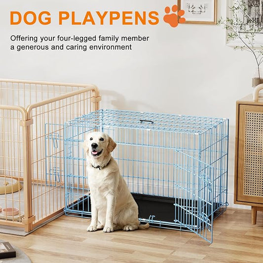 FDW Dog Crate 36inch Dog Cage Foldable Metal Kennel with Leakproof Tray Foldable Design Indoor Outdoor Use for Medium Dogs,Blue